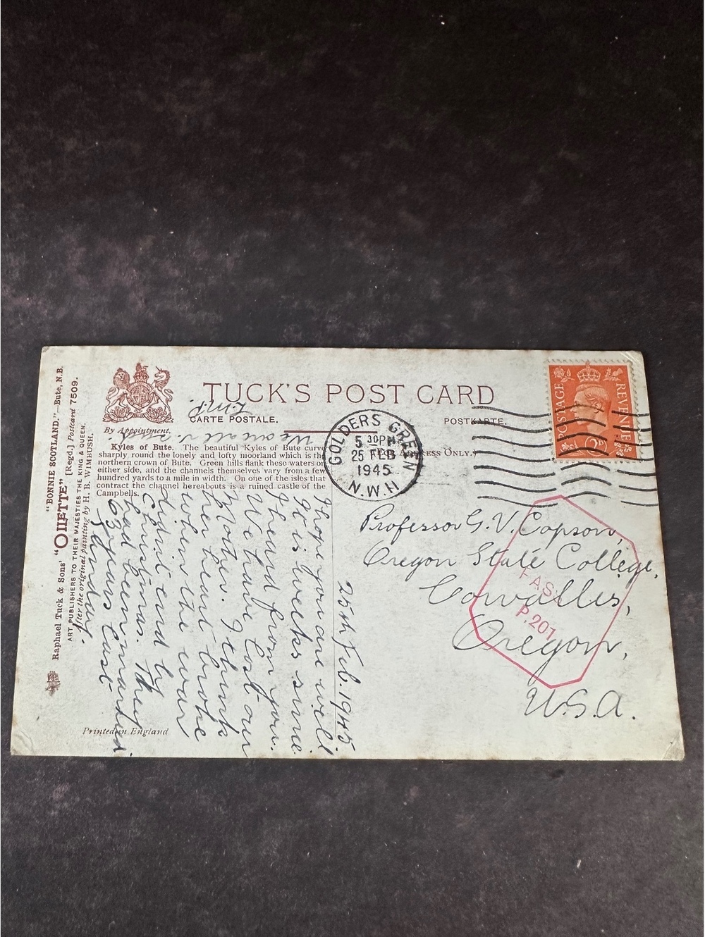 Vintage 1945 Tuck’s Oilette Kyles of Bute Scotland Postcard Posted to Oregon - Picture 4 of 6